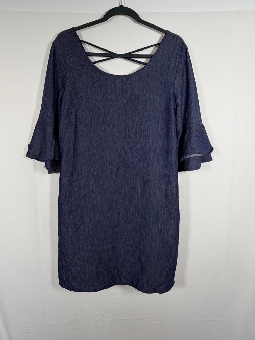 NAIF Navy Crinkle‎ Mini Dress Flare Sleeve with Crisscross Back
